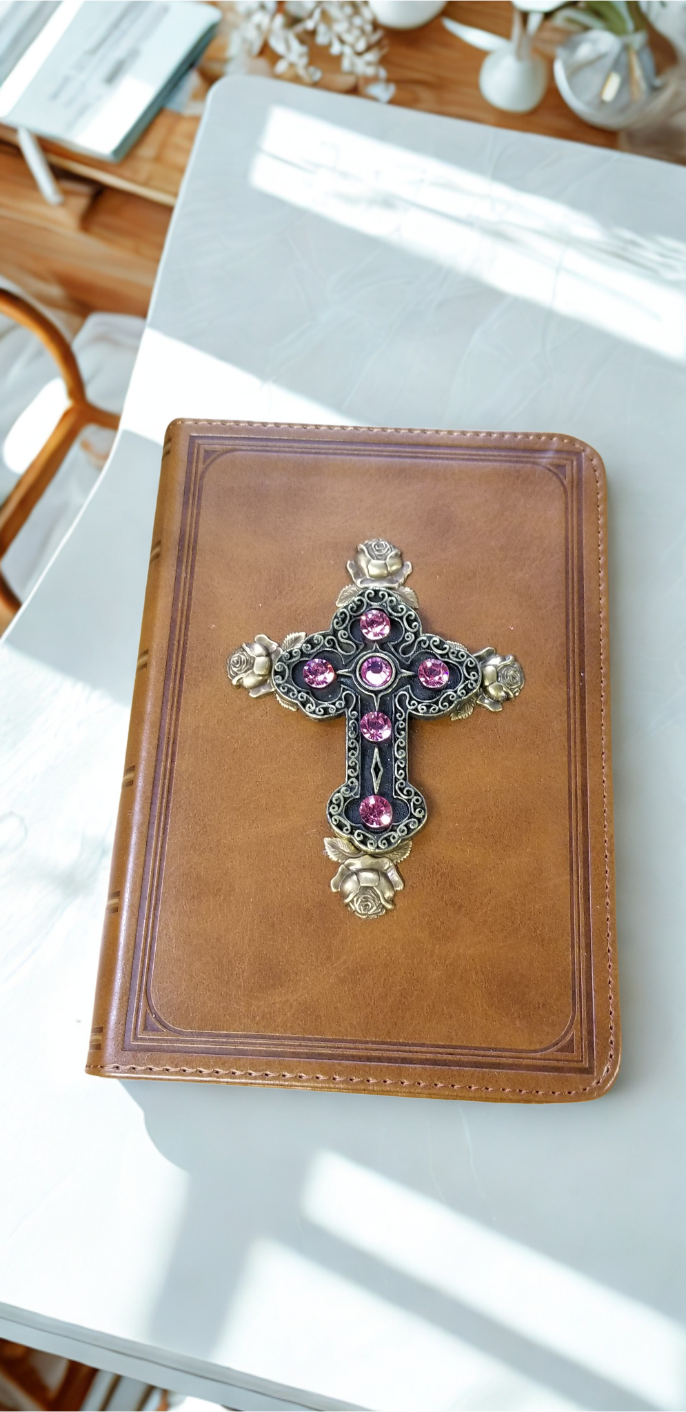 Dacole Designs jeweled baby keepsake Bible with brown leather cover and decorative jeweled cross