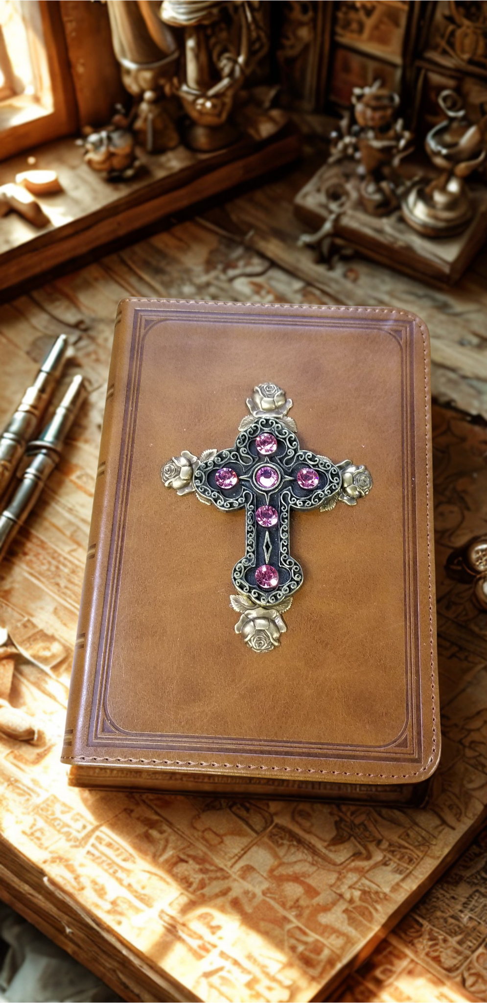 Dacole Designs compact size jeweled baby keepsake Bible with ornate cross and purple gems on brown cover