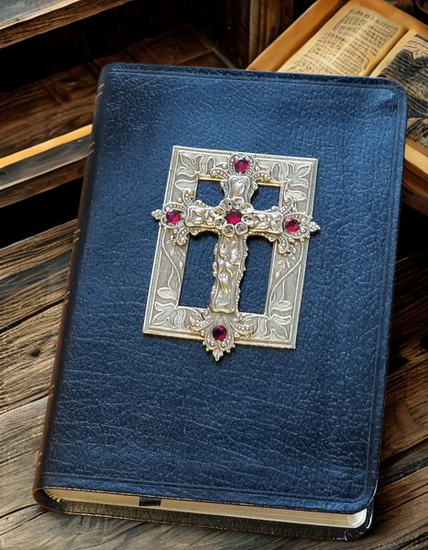 Compact size jeweled bible gift with black cover and ornate silver cross with red jewels