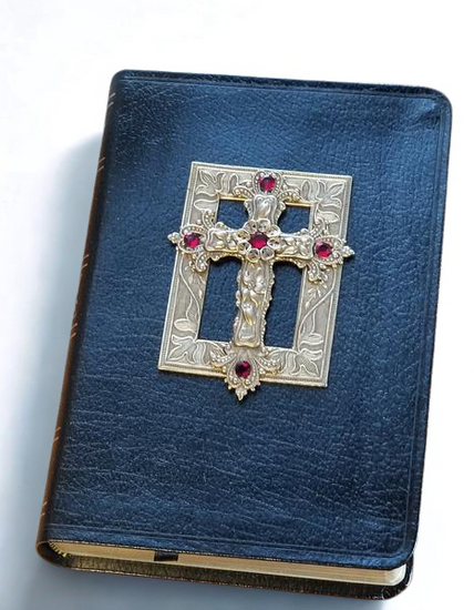Compact size black bible with jeweled cross on cover by Dacole Designs jeweled bible gift