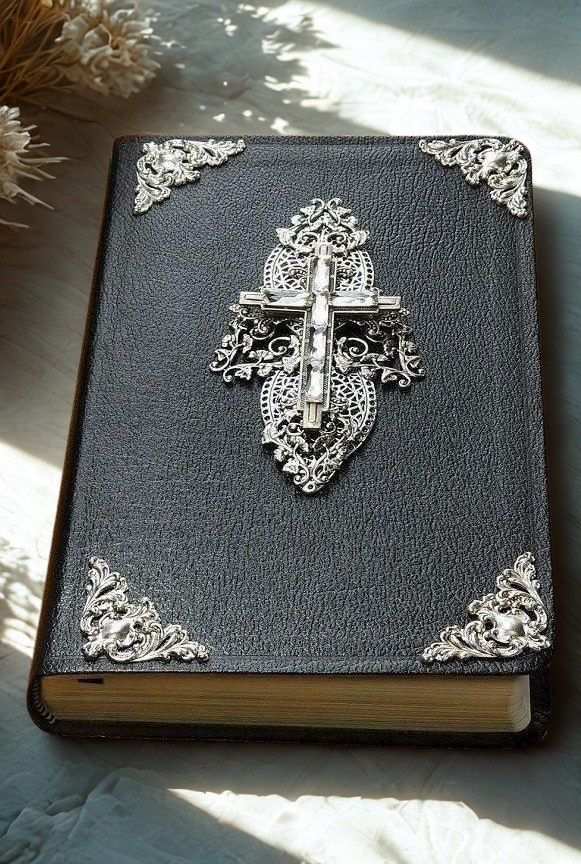 Dacole Designs personal size jeweled Bible with crystal cross and ornate silver corner accents