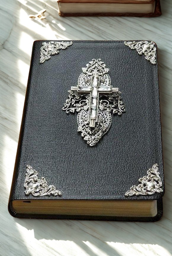 Personal size jeweled Bible with crystal cross on black cover and ornate silver corner decorations
