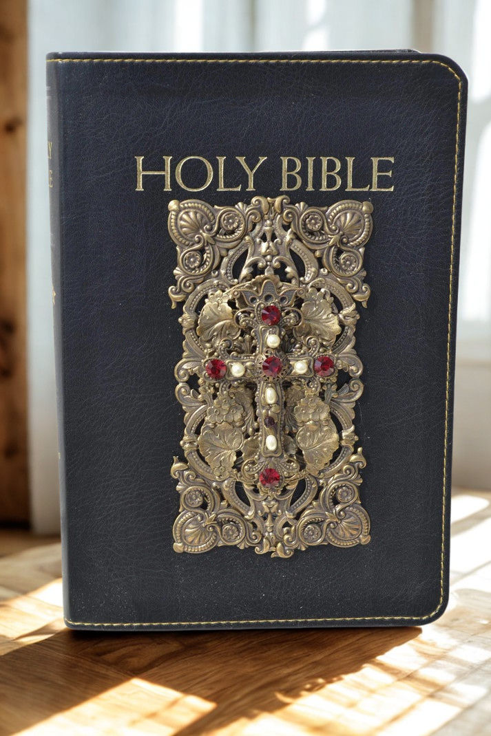Jo Marz personal size jeweled Catholic Holy Bible with black cover and ornate gold cross embellishment