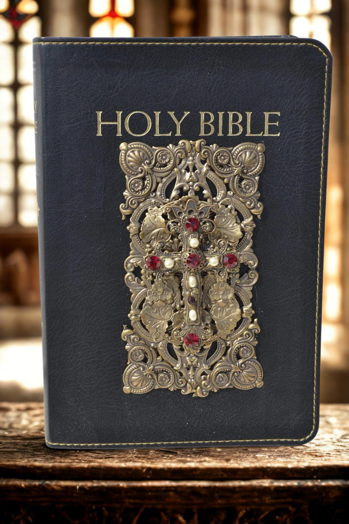 Jo Marz personal size jeweled Catholic Holy Bible with ornate gold and red jeweled cross on black cover