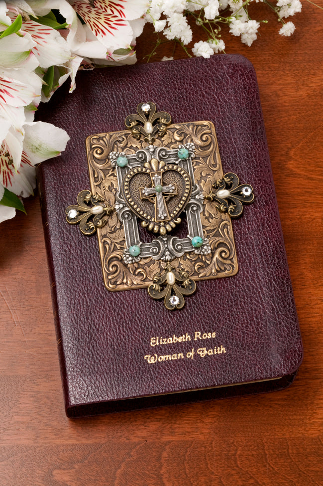 Jo Marz jeweled compact Bible for women with ornate cross and gemstone design on burgundy cover