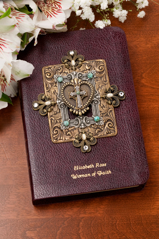 Jo Marz jeweled compact Bible for women with ornate cross and gemstone design on burgundy cover