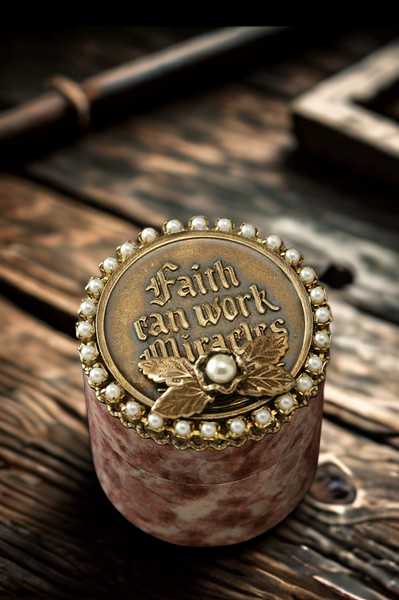 Jo Marz jeweled faith keepsake box with pearl and leaf details on vintage wooden surface