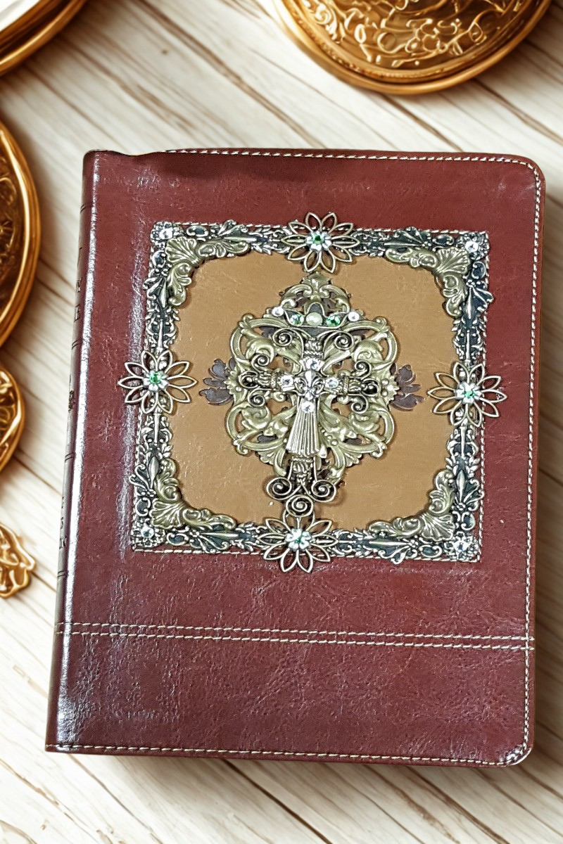 Personal size Dacole Designs jeweled KJV Bible floral cross with brown leather cover and decorative metal accents