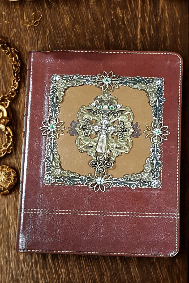 Dacole Designs personal size jeweled KJV Bible floral cross with ornate metal and jewel embellishments on brown cover