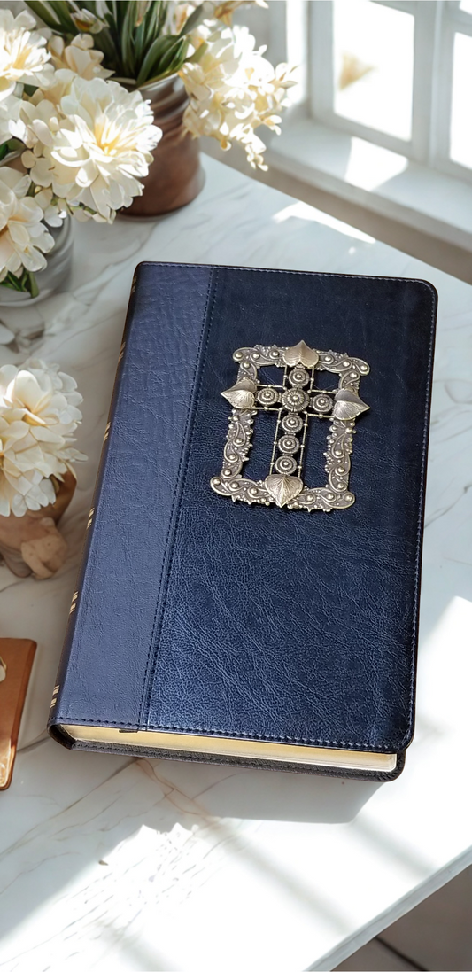Dacole Designs jeweled KJV Bible giant print with navy blue cover and ornate metal cross design