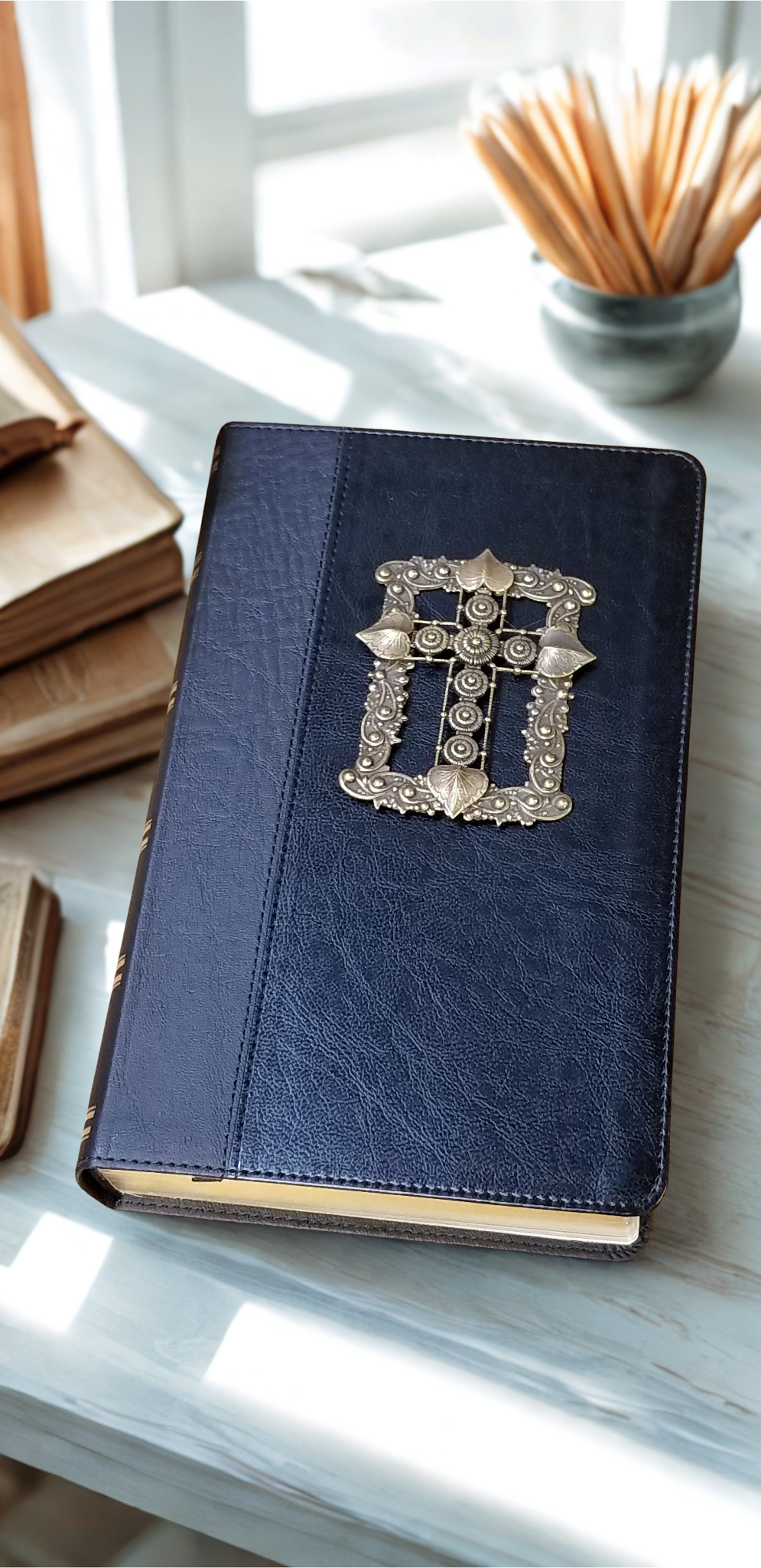 Dacole Designs Personal Size jeweled KJV Bible giant print with decorative metal cross on navy cover