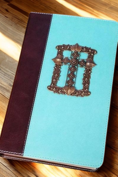 Dacole Designs jeweled KJV Bible giant print teal cover with ornate metal cross and brown binding