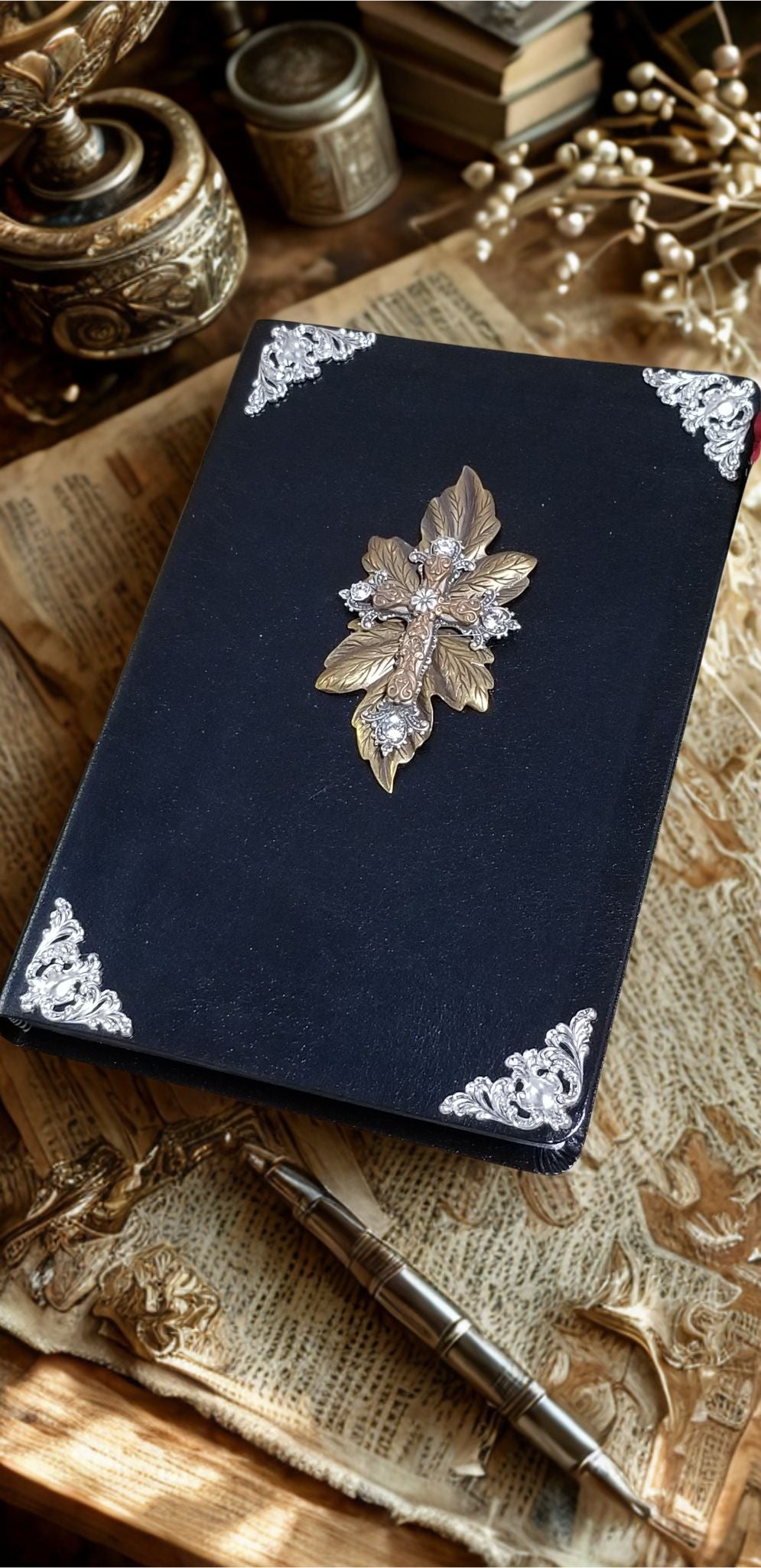 Dacole Designs personal size jeweled NIV Bible with black cover and decorative silver corners
