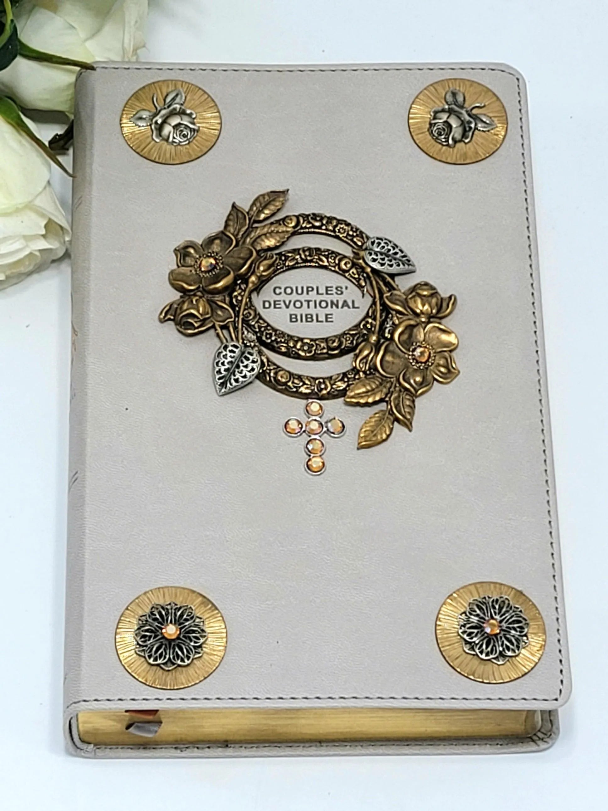Dacole Designs jeweled NIV Bible for couples with decorative metal floral accents on personal size cover