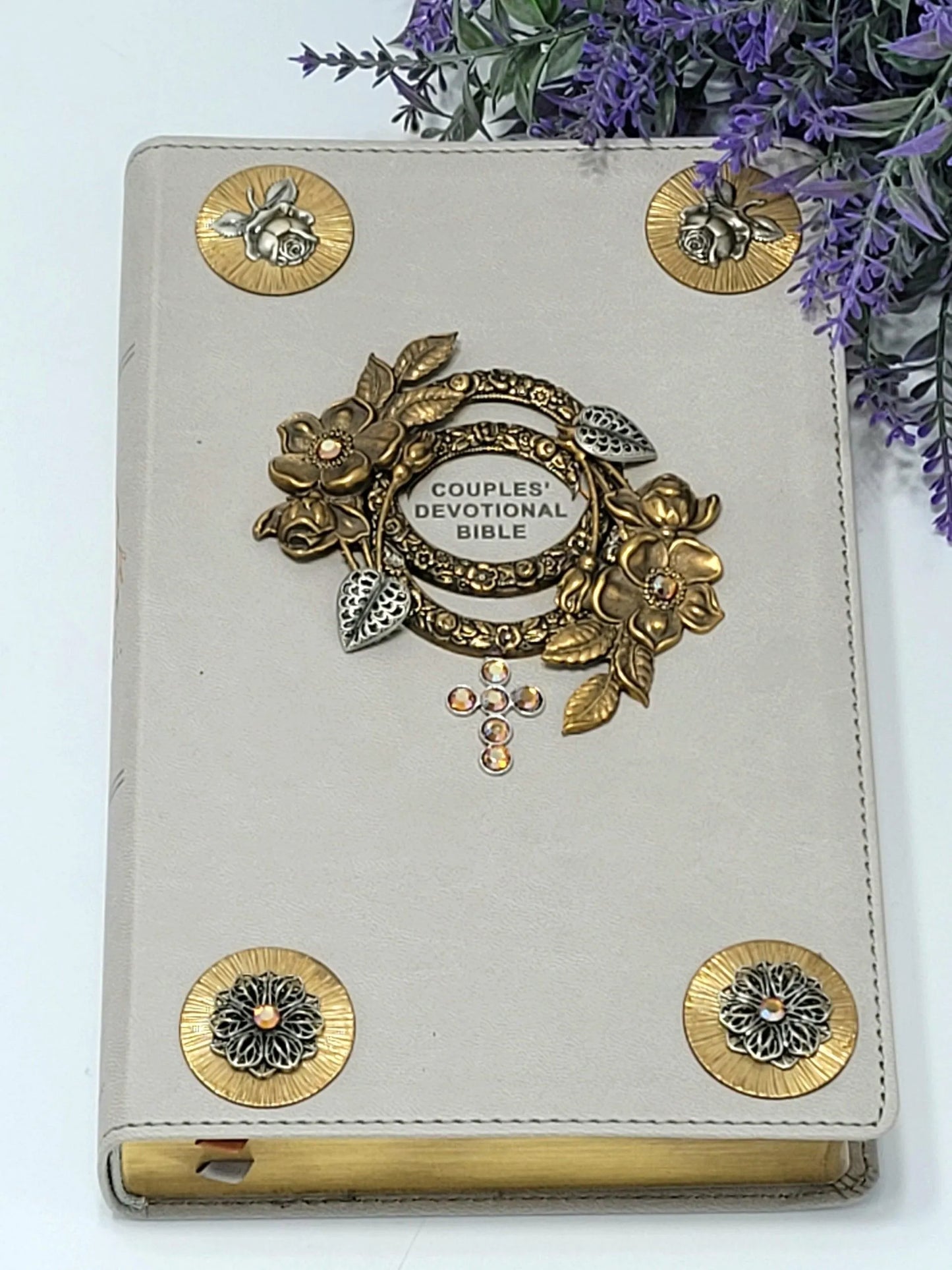 Dacole Designs jeweled NIV Bible for couples with floral gold and silver decorative accents on cream cover