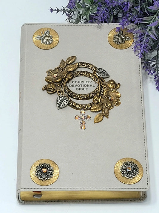 Dacole Designs jeweled NIV Bible for couples with floral gold and silver decorative accents on cream cover