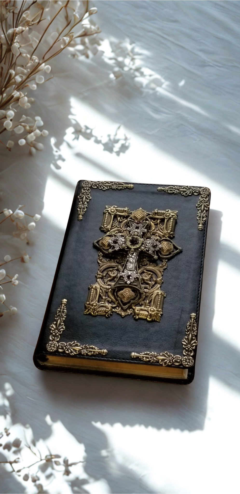 Jeweled NKJV Bible with amethyst crystals by Jo Marz in personal size with ornate metal cross design