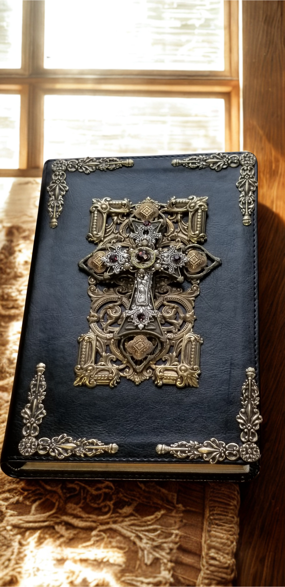 Personal size jeweled NKJV Bible with amethyst crystals by Jo Marz with ornate metal cross and decorative corners