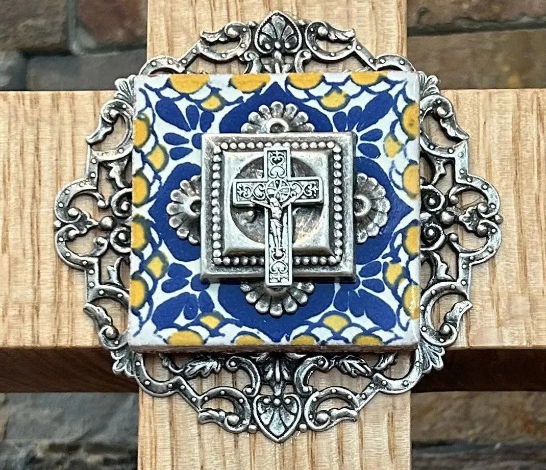 Dacole Designs jeweled oak cross wall cross featuring intricate metal and ceramic detailing
