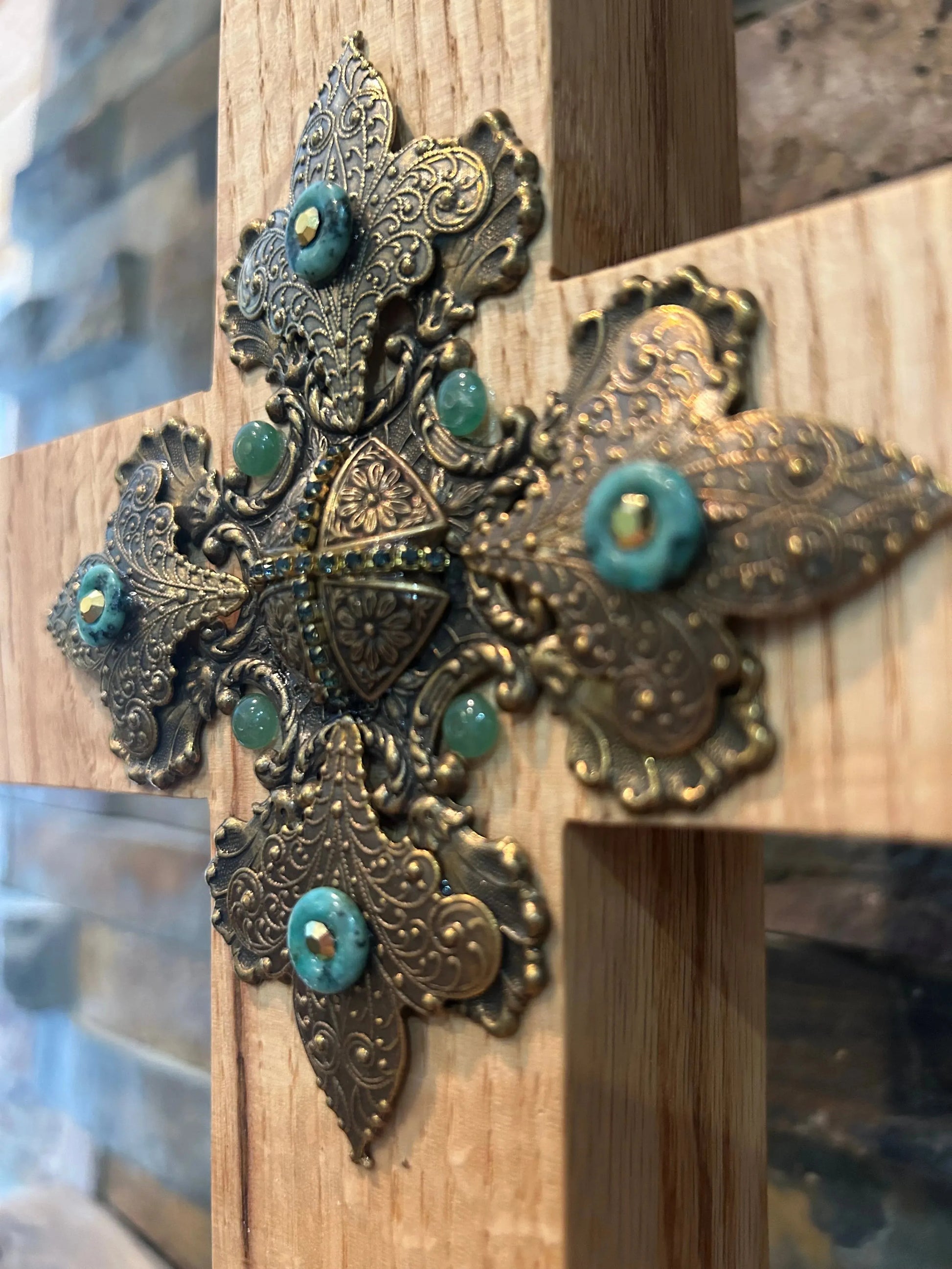 Dacole Designs jeweled oak cross with intricate gold detailing and turquoise accents on wooden wall cross
