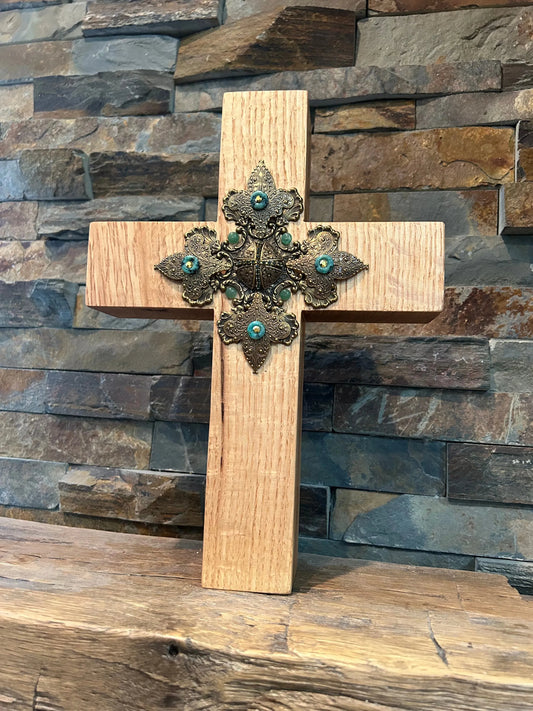 Jeweled oak cross wall cross with decorative turquoise accents by Dacole Designs