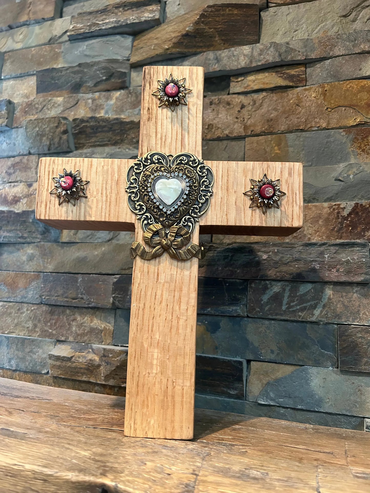 Dacole Designs jeweled oak cross wall cross with heart centerpiece and decorative jewels on oak wood