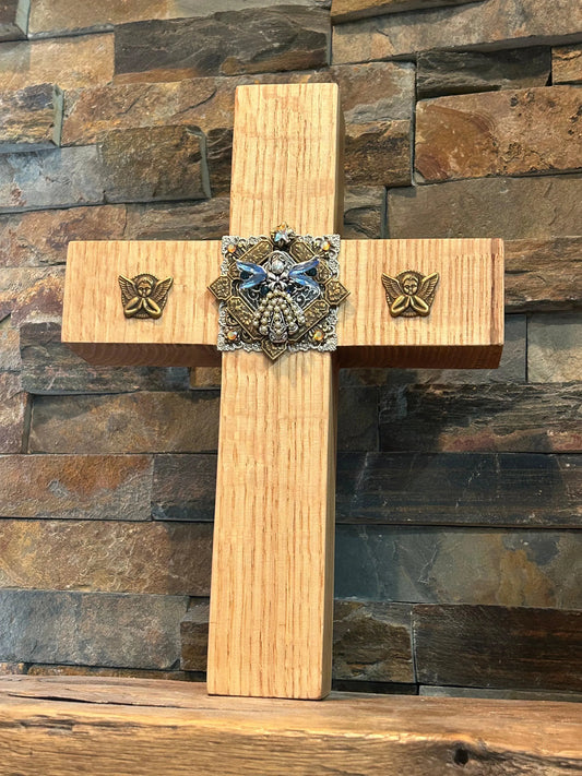 Dacole Designs jeweled oak cross wall cross with decorative metal floral accents on oak wood
