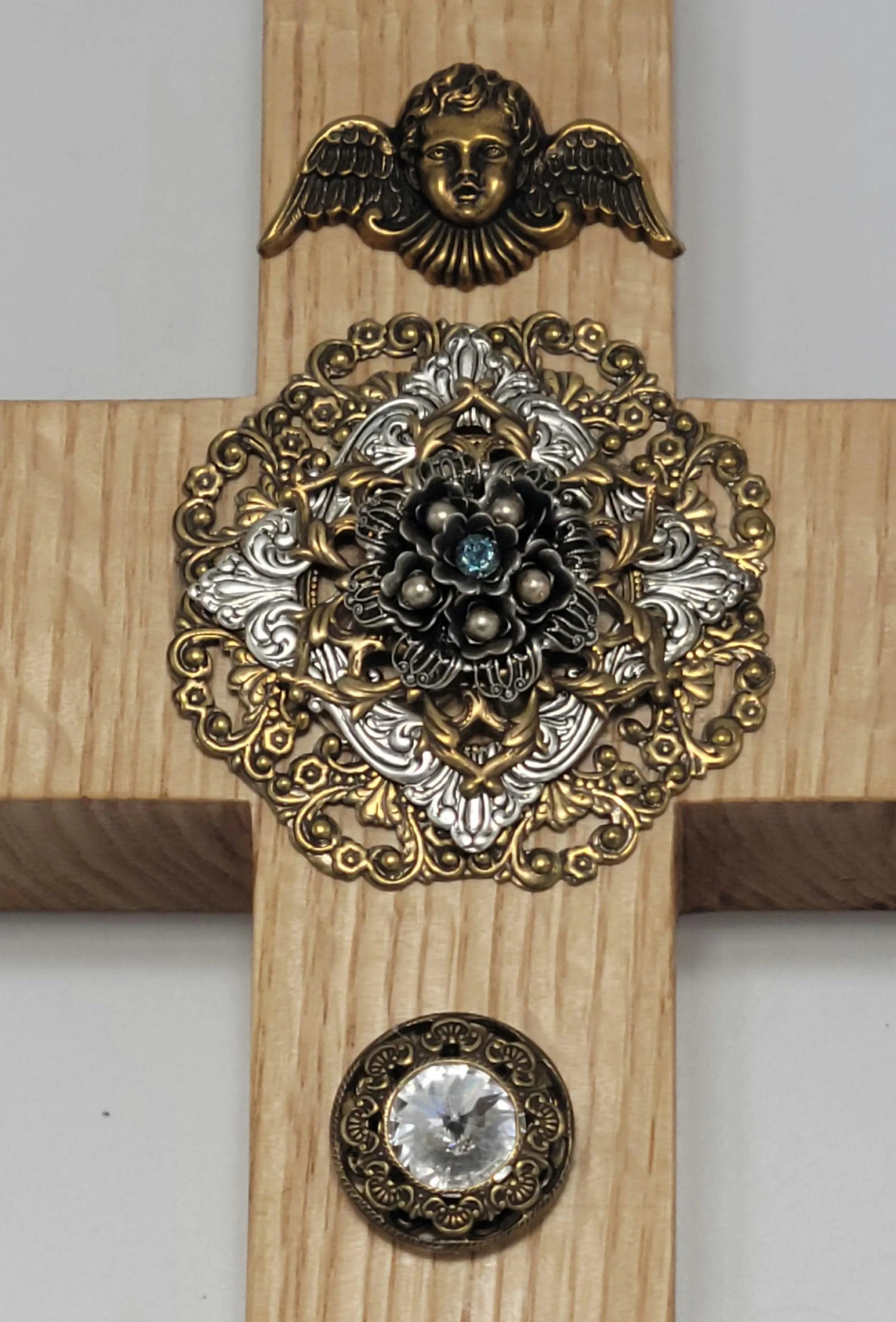 Dacole Designs jeweled oak cross wall decor with intricate metal floral and angel embellishments