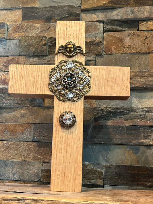 Jeweled oak cross wall decor with ornate metal accents and angel figure by Dacole Designs
