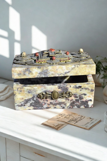 Dacole Designs jeweled soapstone keepsake box with intricate metal and red stone embellishments