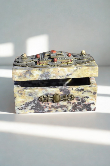 Dacole Designs jeweled soapstone keepsake box with decorative lid and ornate clasp in natural light