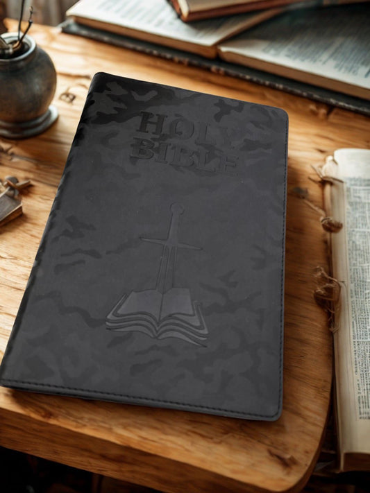 DeMartineau personalized NASB 1995 children's Bible with black camo cover and embossed cross design