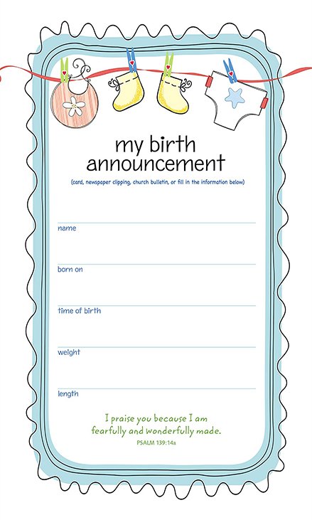 Personalized birth announcement card with blue clothesline design and space for baby details from DeMartineau