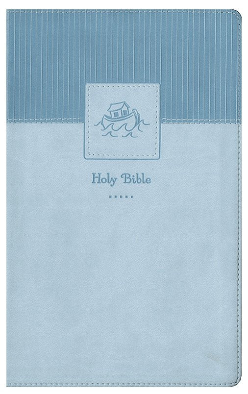 DeMartineau NIV baby Bible blue leathersoft cover with embossed Noah's Ark and Holy Bible text
