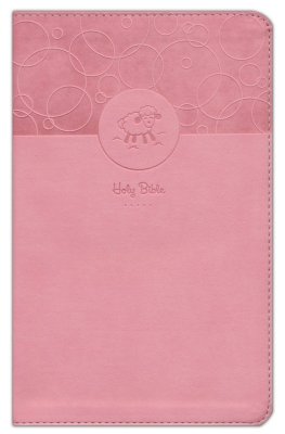 NIV baby Bible pink leathersoft cover with embossed lamb design and Holy Bible text