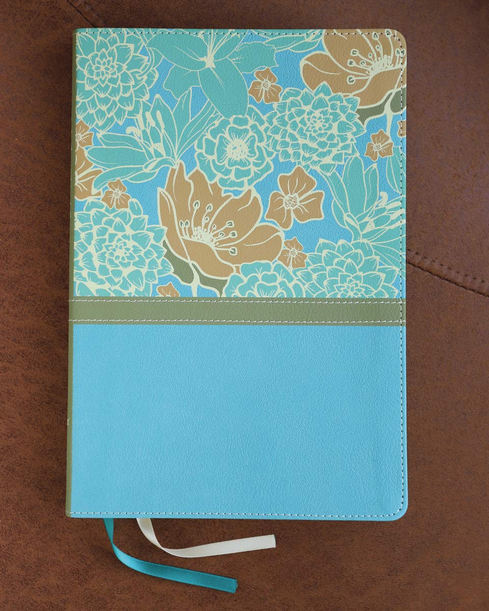 DeMartineau NIV large print floral Bible with blue and beige floral design and matching ribbons