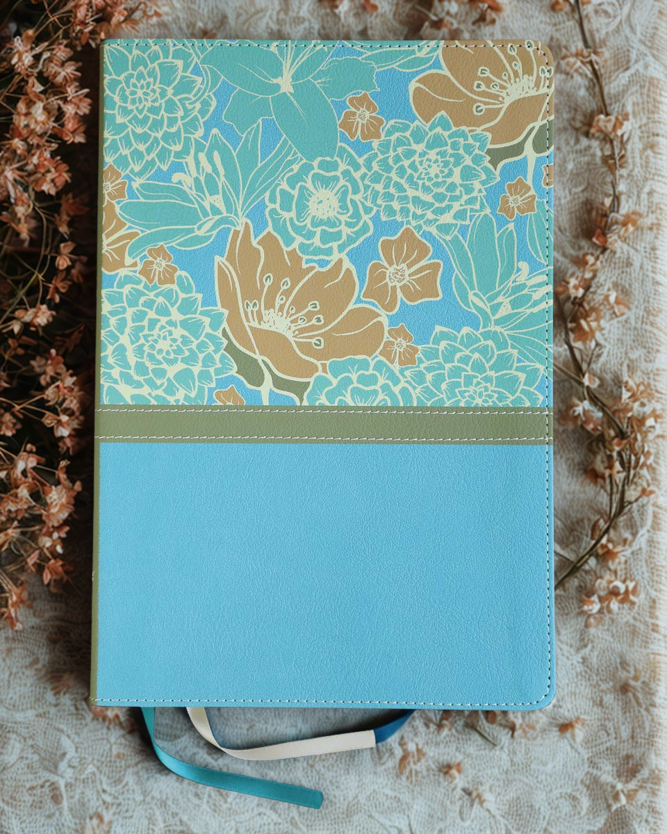 DeMartineau NIV large print floral Bible with blue and gold floral cover and fabric bookmarks