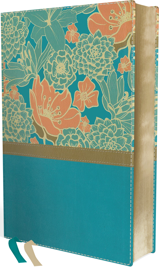 DeMartineau NIV large print floral Bible with turquoise and floral patterned cover and ribbon markers