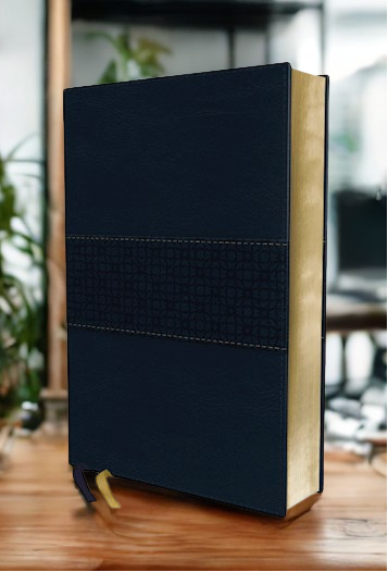 NIV thinline reference Bible navy leather edition by DeMartineau standing on wooden surface