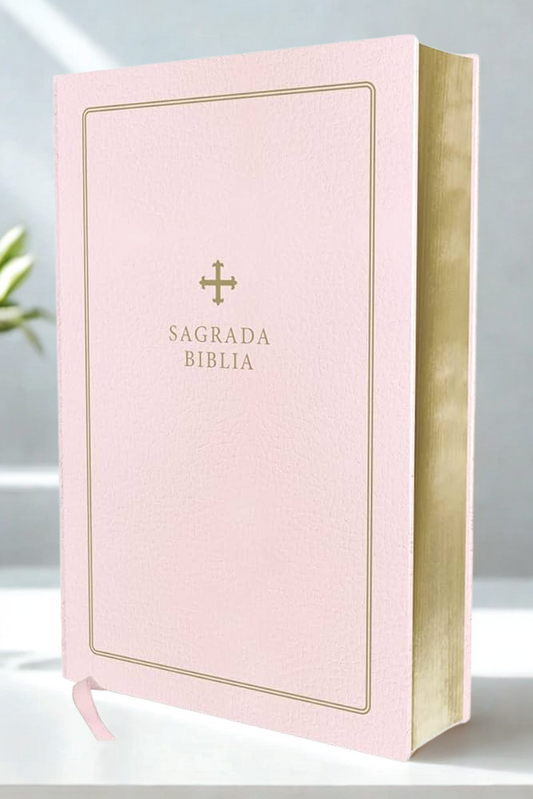 Pink Catholic Bible for gifts with gold-edged pages and elegant cover design by DeMartineau