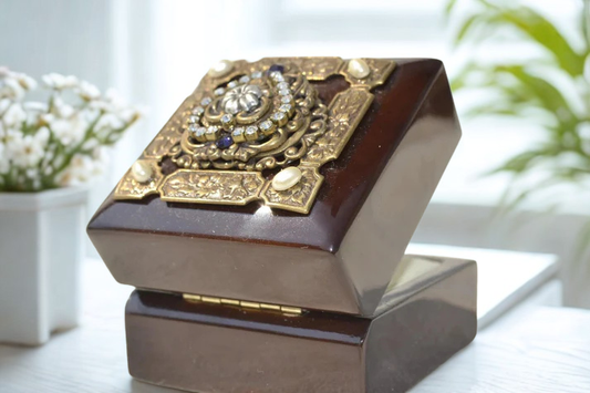 Dacole Designs purple heart wood keepsake box with ornate gold decorative top and hinged lid