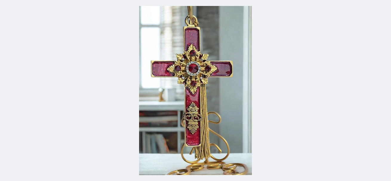 Dacole Designs jeweled cross ornament wall cross with red enamel and gold floral accents