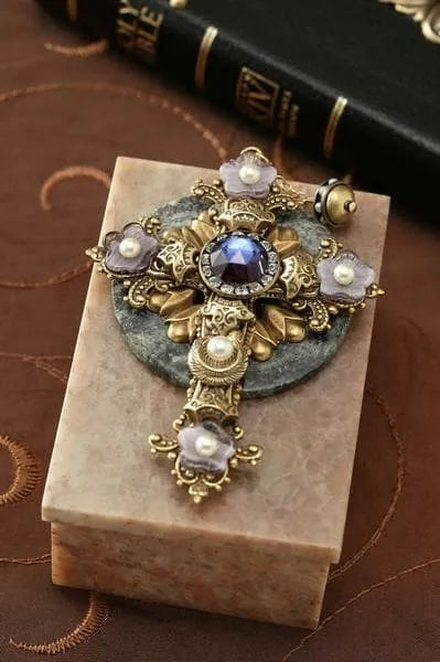 Jo Marz jeweled cross soapstone box with ornate gold cross and purple gemstone centerpiece
