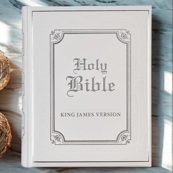 DeMartineau white faux leather King James Bible personalized gift with classic embossed cover