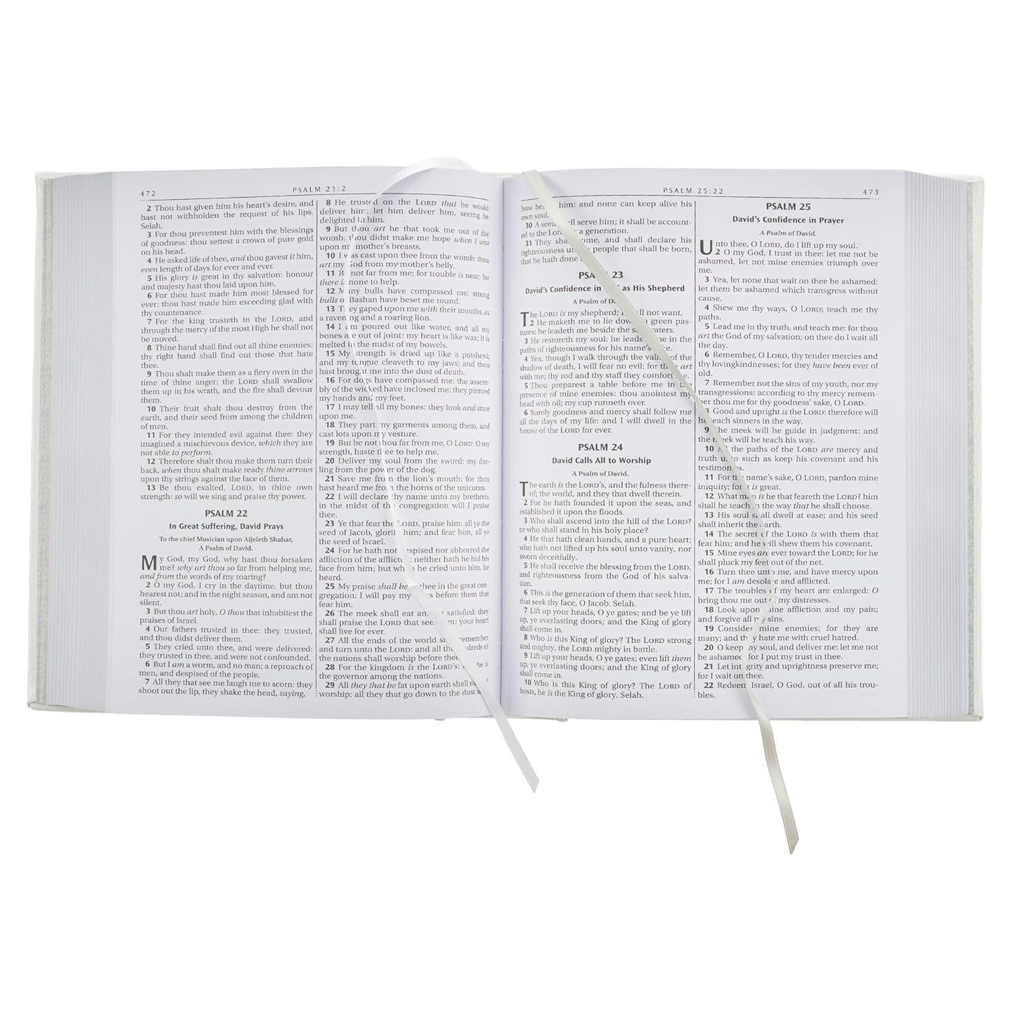 Open DeMartineau personalized white faux leather King James Bible showing Psalm 23 and 24 pages