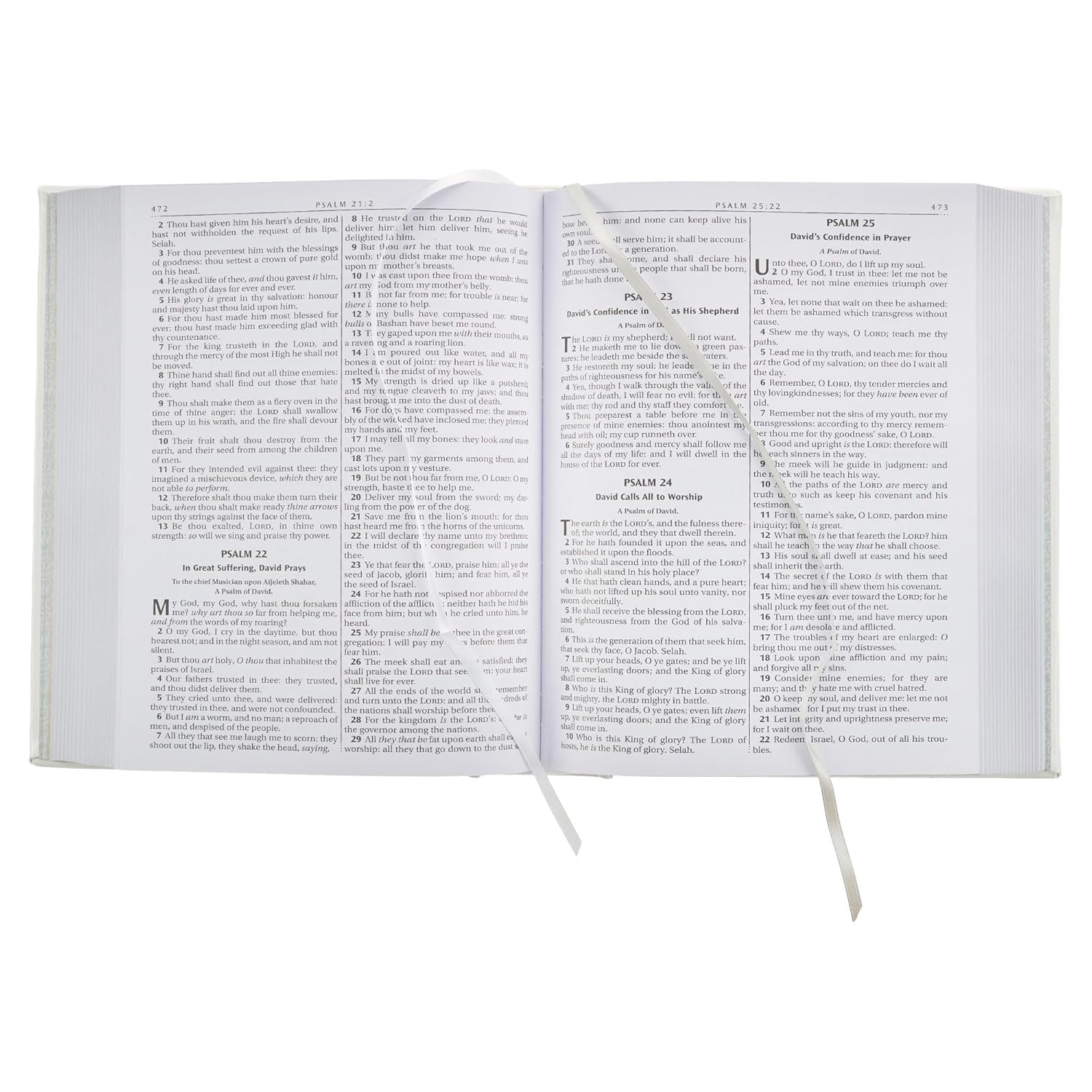 Open DeMartineau personalized white faux leather King James Bible showing Psalm 23 and 24 pages