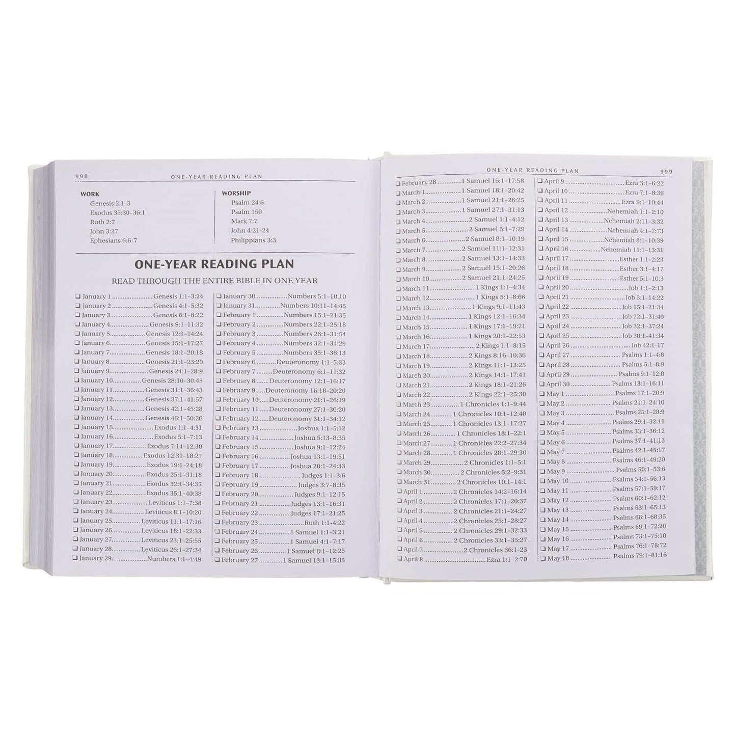 Open white faux leather King James Bible showing one-year reading plan pages by DeMartineau