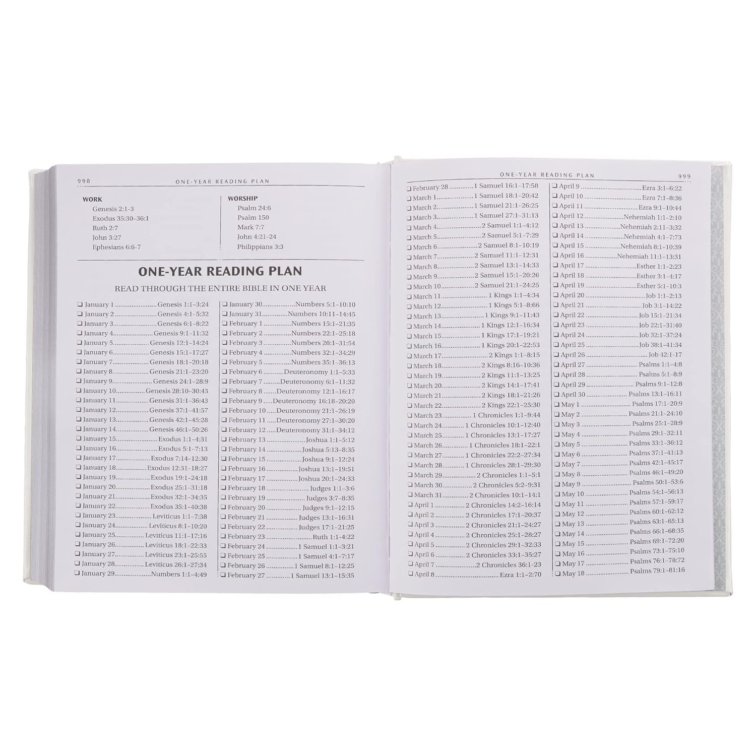 Open white faux leather King James Bible showing one-year reading plan pages by DeMartineau