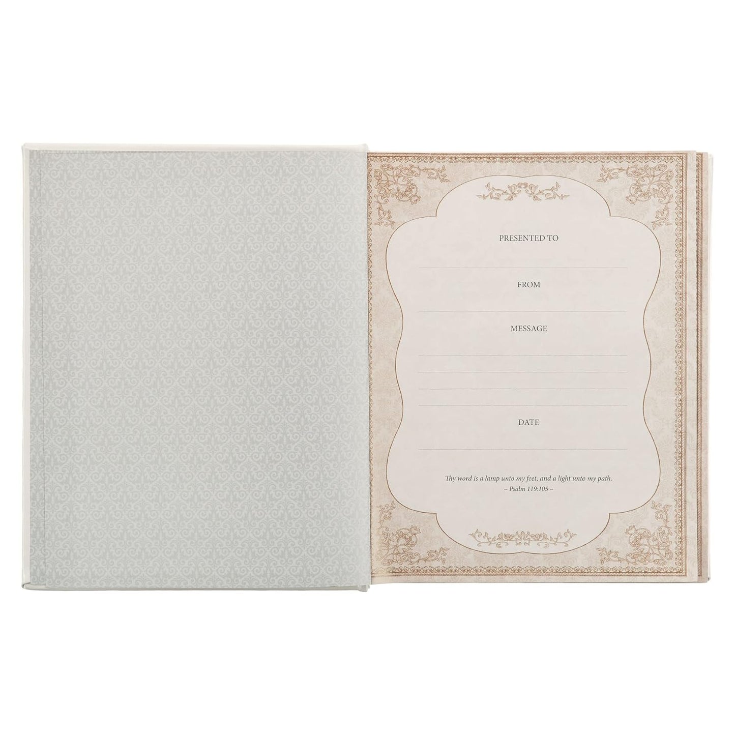 DeMartineau personalized white faux leather King James Bible open to a decorative presentation page
