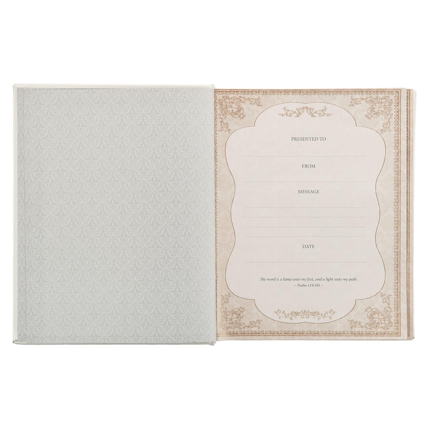 DeMartineau personalized white faux leather King James Bible open to a decorative presentation page